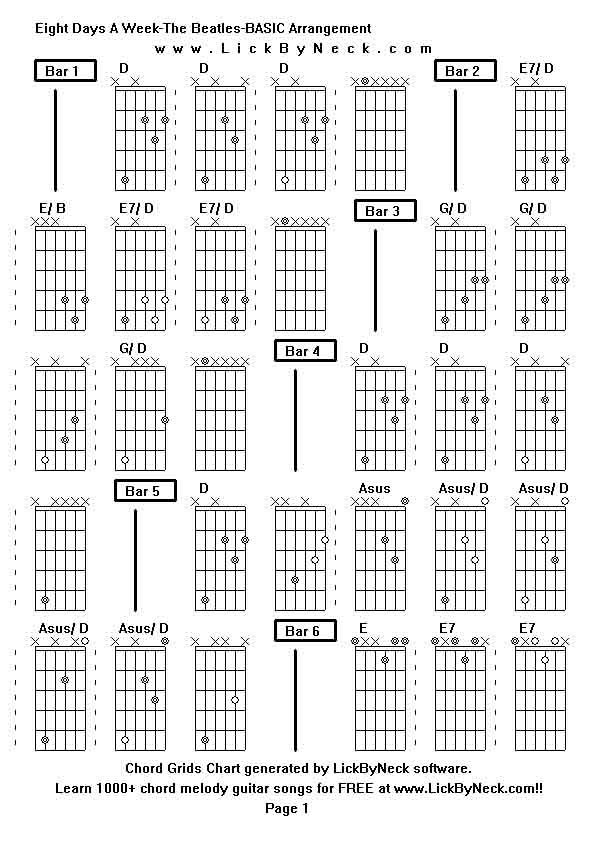 Chord Grids Chart of chord melody fingerstyle guitar song-Eight Days A Week-The Beatles-BASIC Arrangement,generated by LickByNeck software.